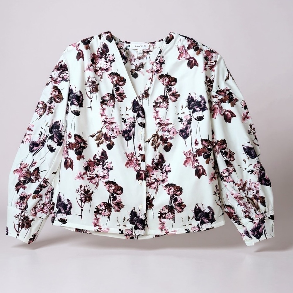 Nordstrom Blouse Womens XS White Pink Floral V-Neck Button Front Long Sleeves